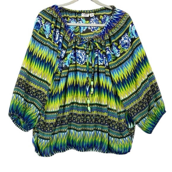 Cato Woman Boho Peasant Blouse Abstract Print Sheer 3/4 Sleeve Size 18 / 20 W - Picture 1 of 10